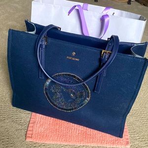 Spartina 449 Dark Blue Beaded Mermaid Canvas and Leather Shoulder Bag Tote